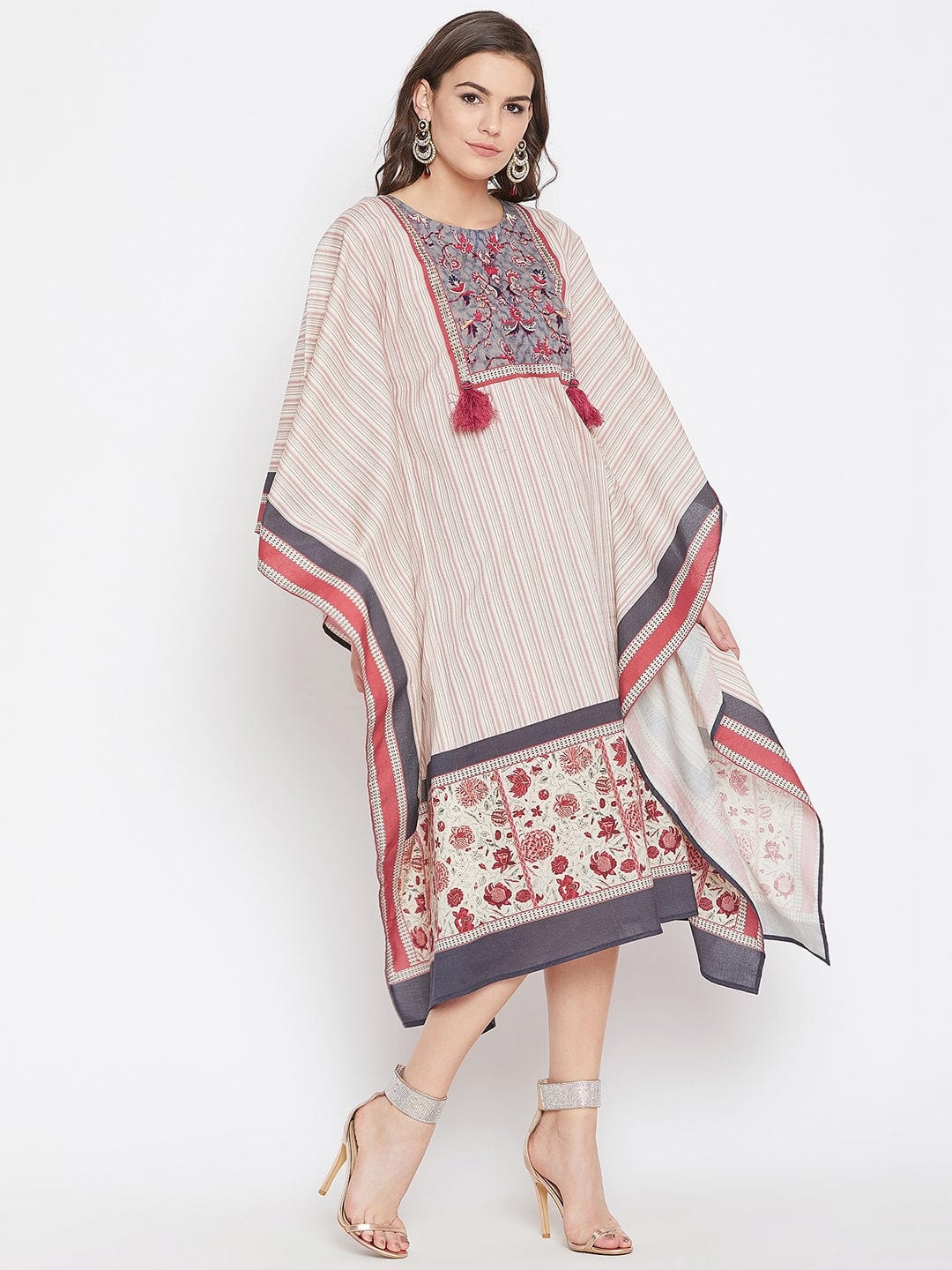 Bold Floral Red Striped Embroidered Kaftan Dress - Image 3