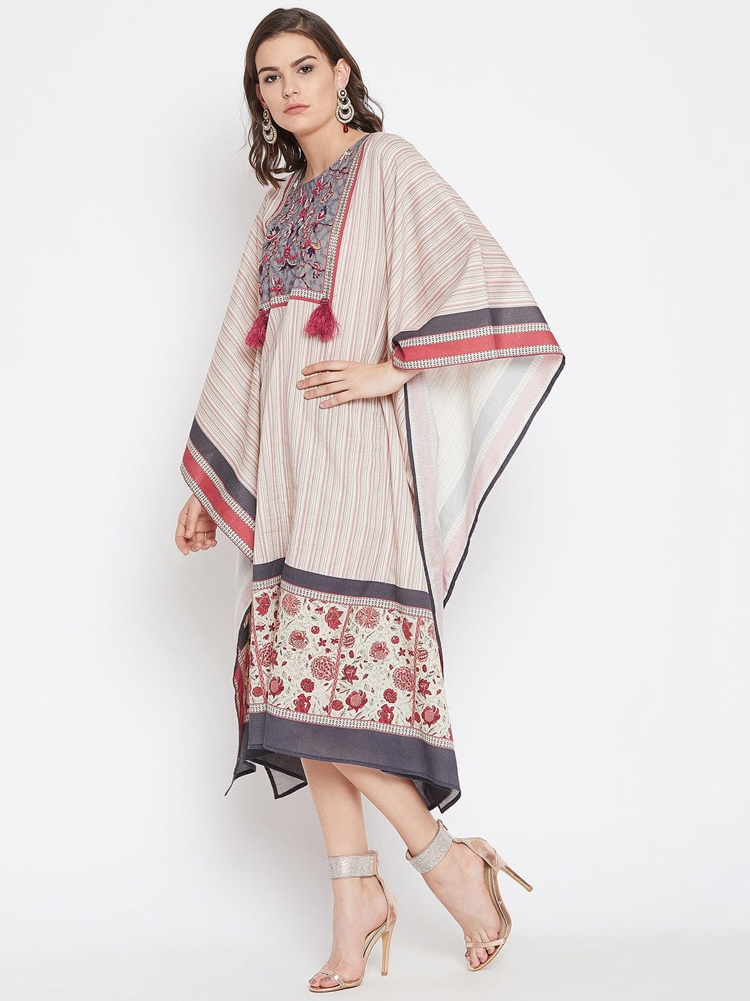 Bold Floral Red Striped Embroidered Kaftan Dress - Image 4