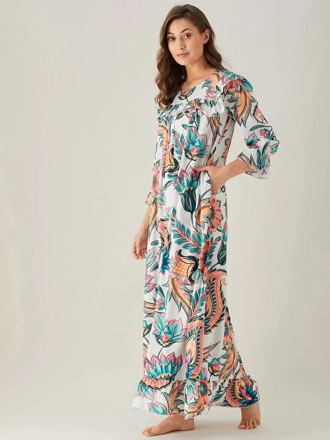 Bold Floral White Ruffled Nightdress - Image 4