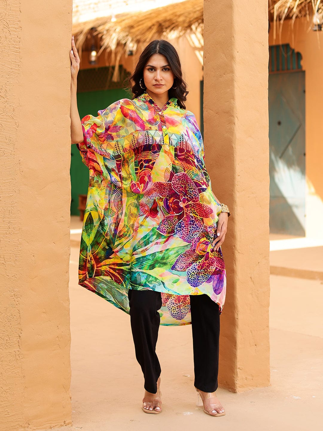 Multi-Color Printed Natural Crepe Kaftan Tunic Top - Image 6