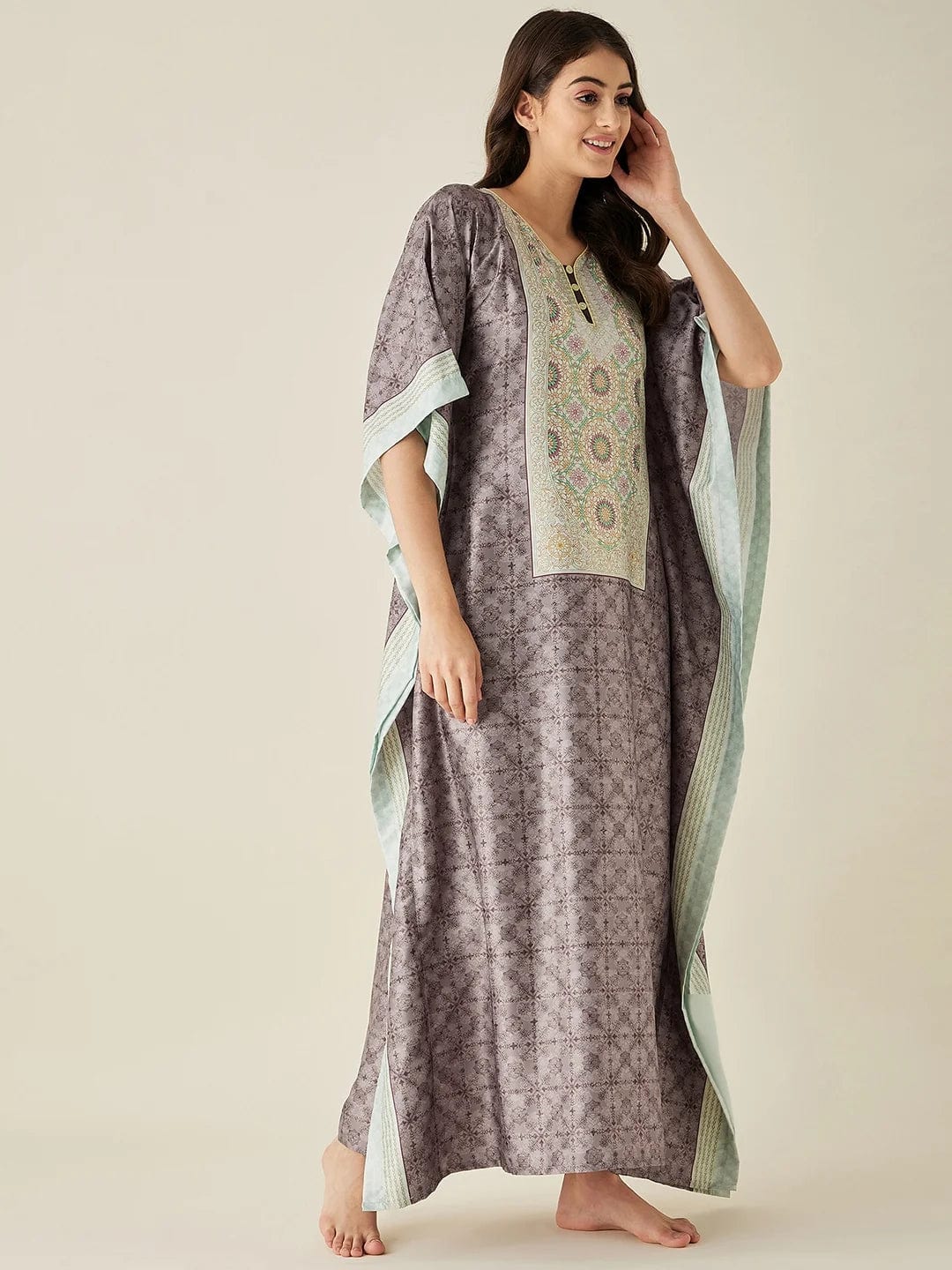 Brown Digital Printed Satin Kaftan - Image 3