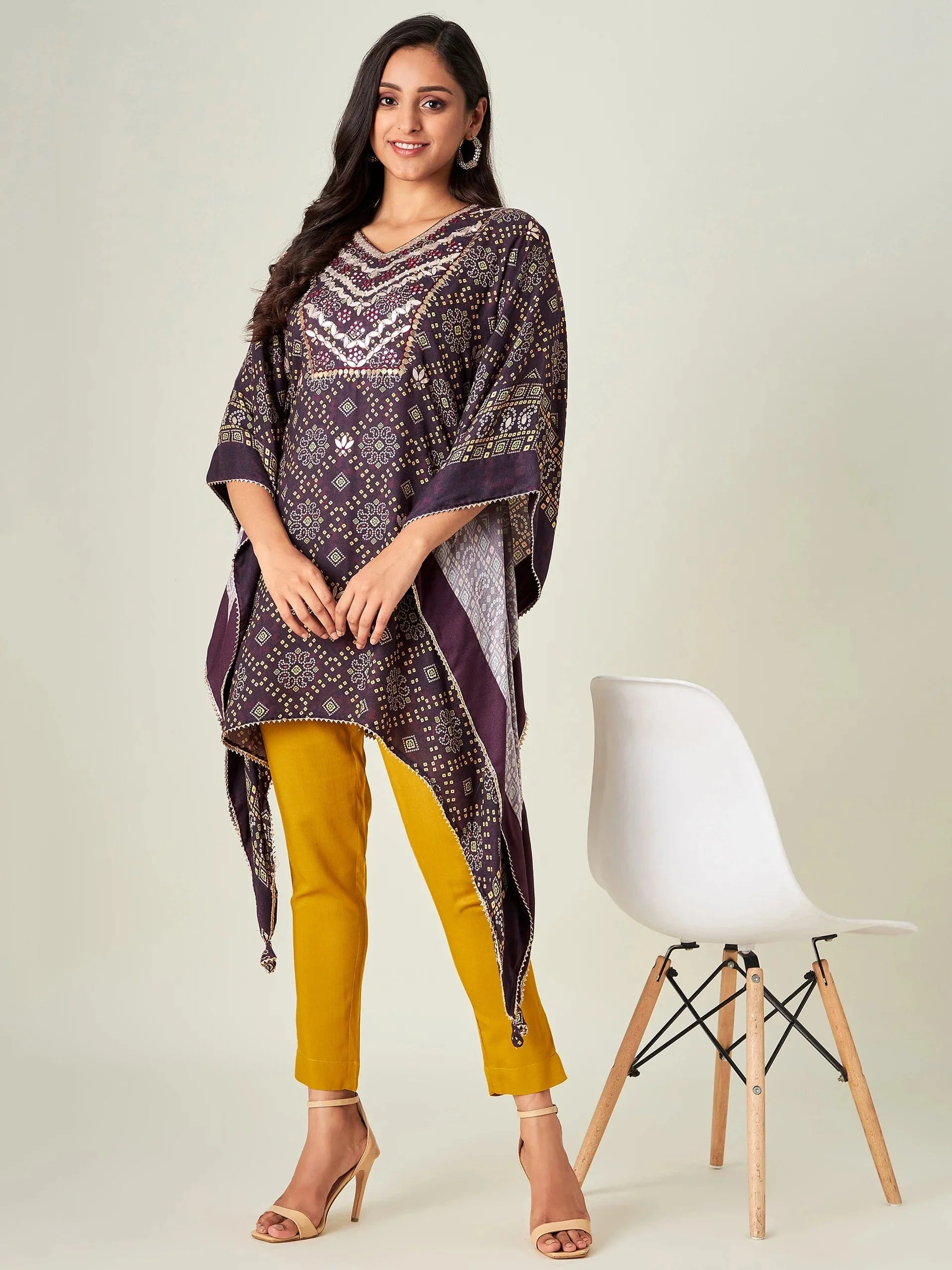 Brown Floral Bandhani Kaftan Kurta - Image 3