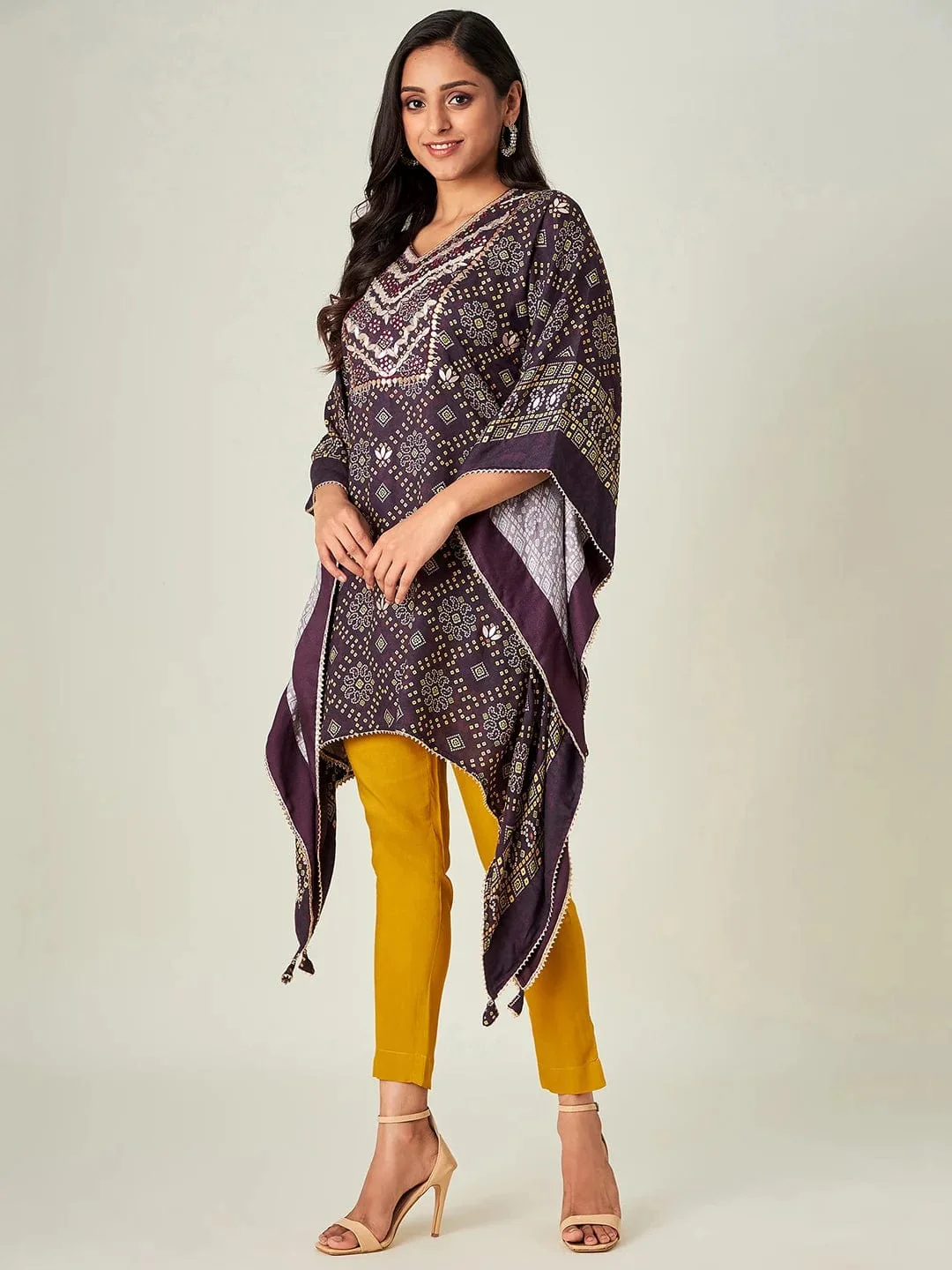 Brown Floral Bandhani Kaftan Kurta - Image 4