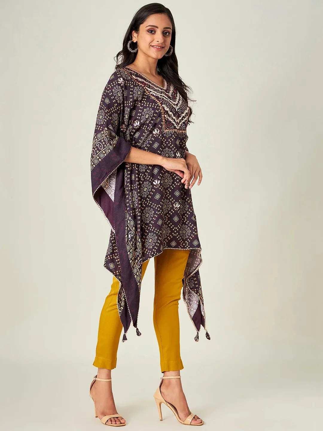 Brown Floral Bandhani Kaftan Kurta - Image 5