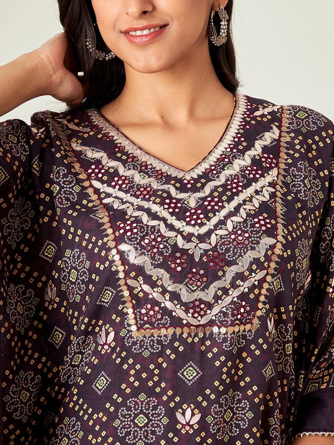 Brown Floral Bandhani Kaftan Kurta - Image 6