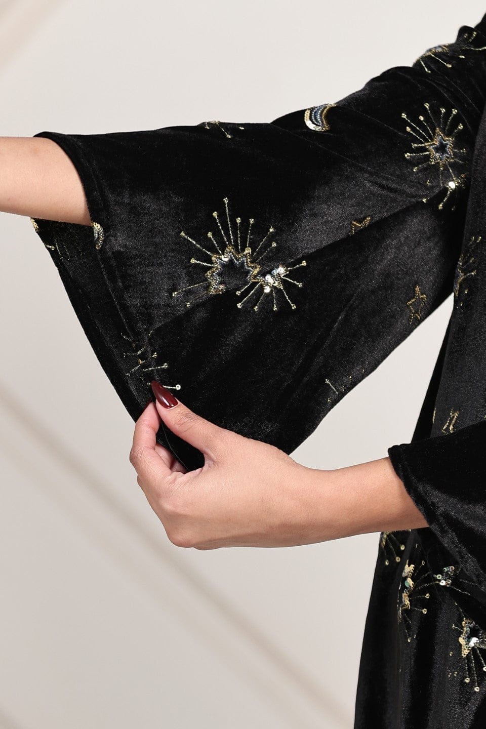 Celestial Embroidered Velvet Top and Satin Draped Pant Set - Image 5