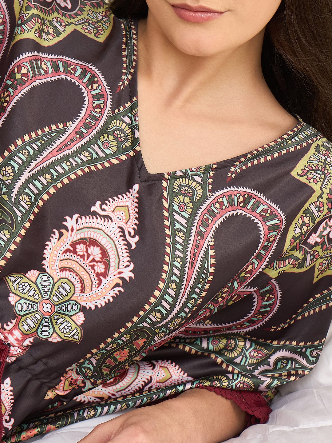 Charcoal Satin Nightwear Kaftan with Paisley Print, Lace Trim - Image 4