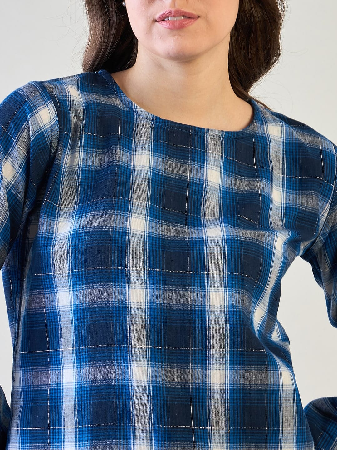 Comfortable Blue Plaid Cotton Pyjama Set - Image 5