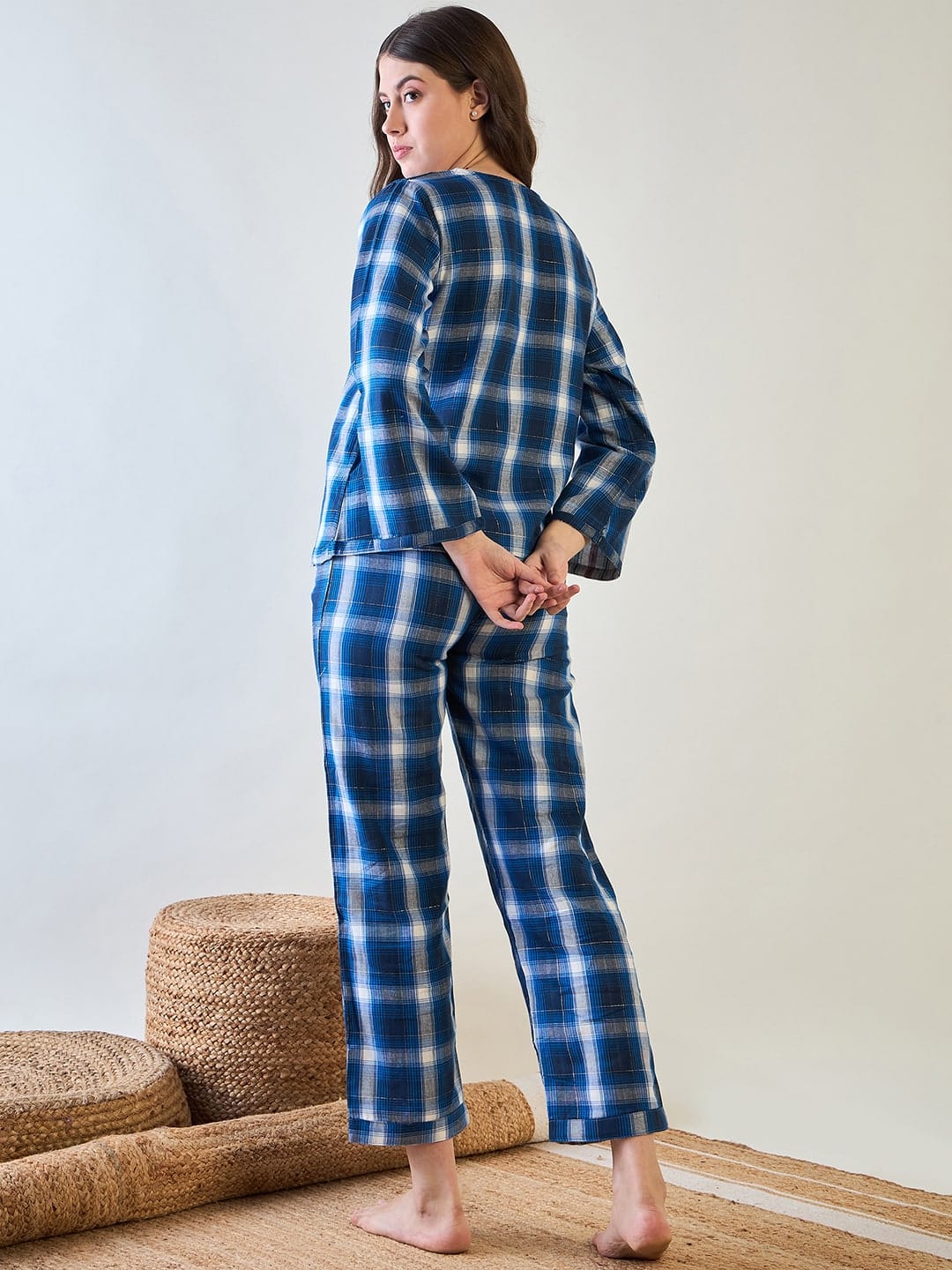 Comfortable Blue Plaid Cotton Pyjama Set - Image 6