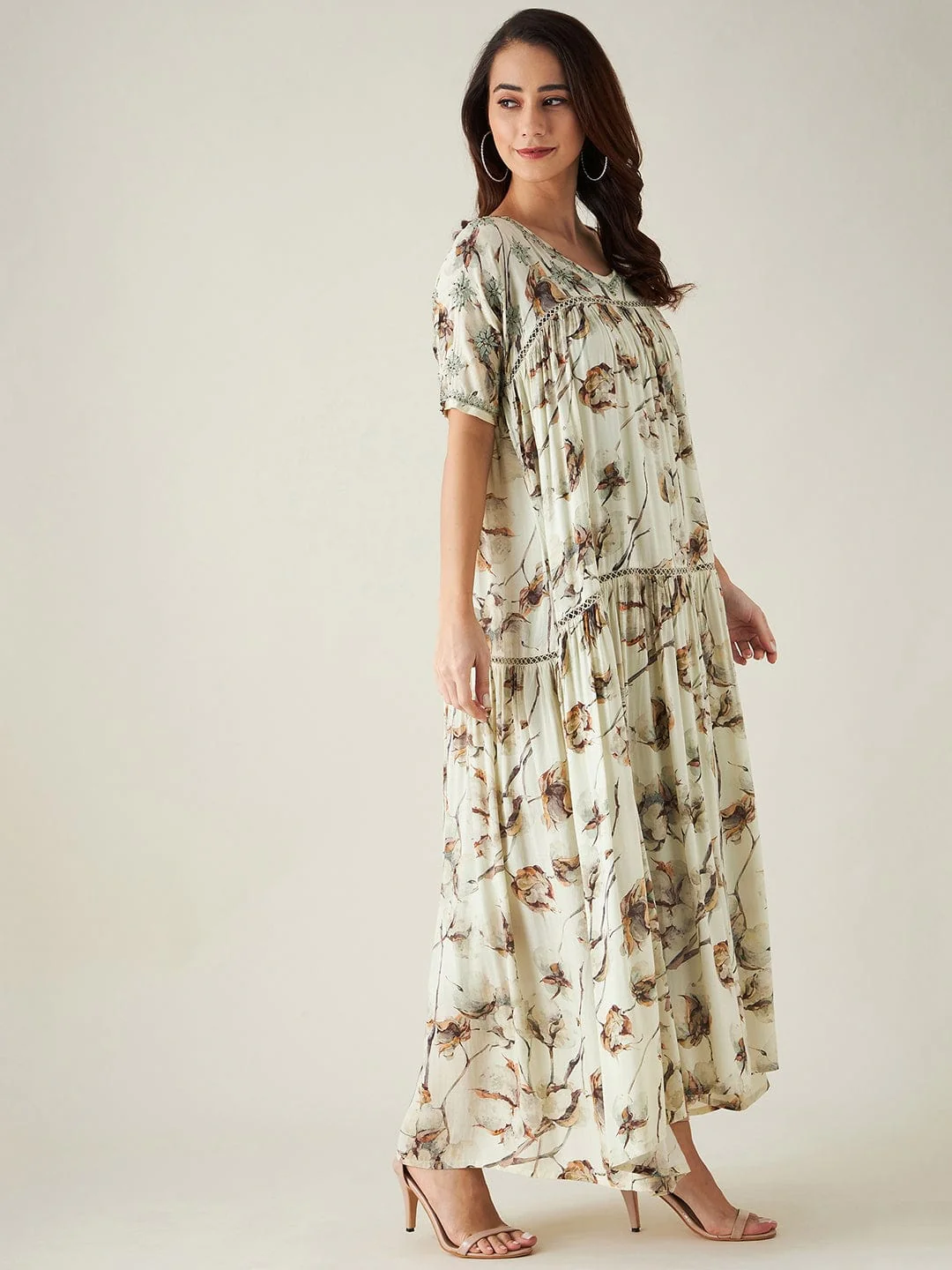 Beige and Green Floral Print Hand Embroidered Dress - Image 3