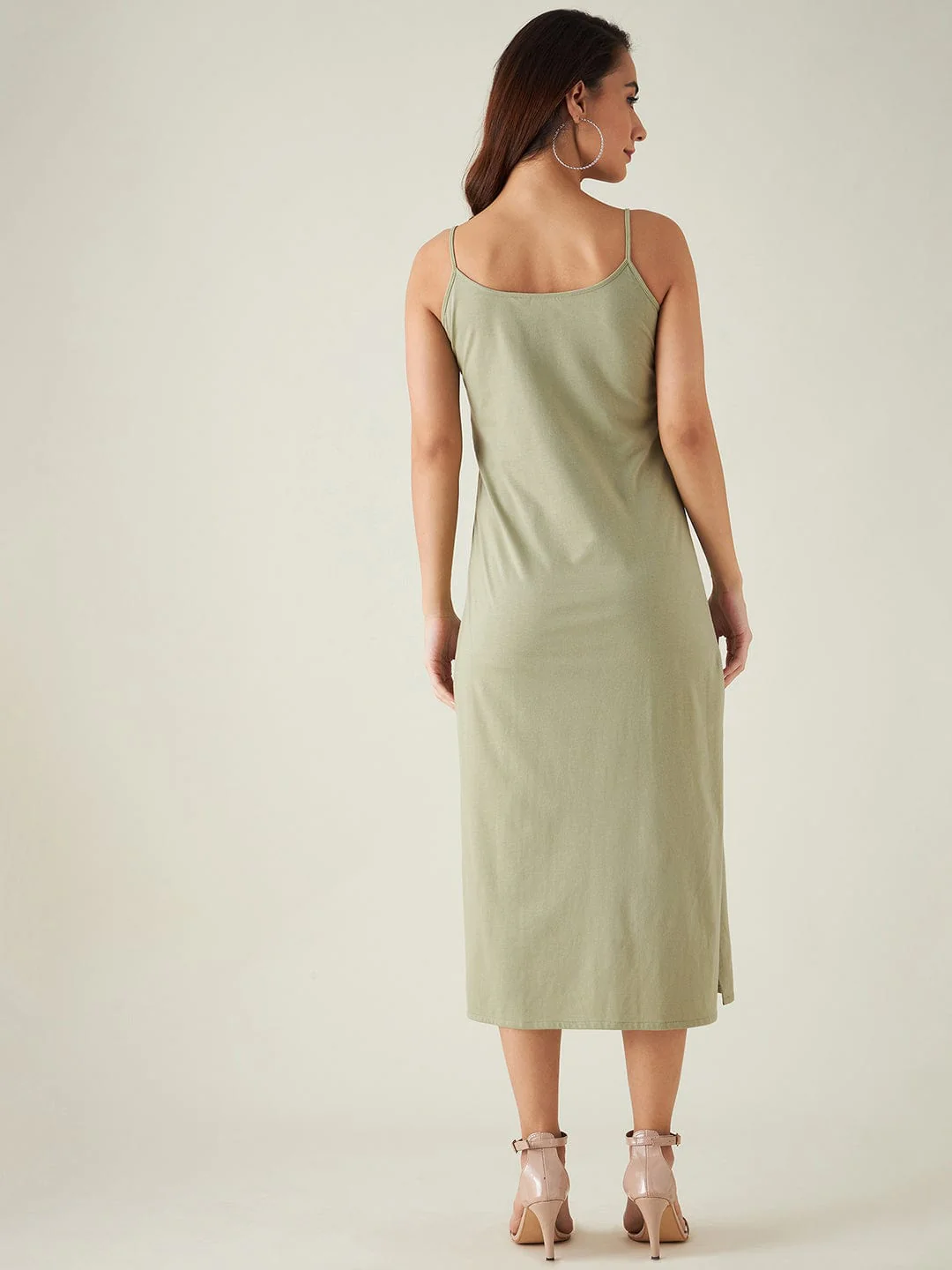 Beige and Green Floral Print Hand Embroidered Dress - Image 5