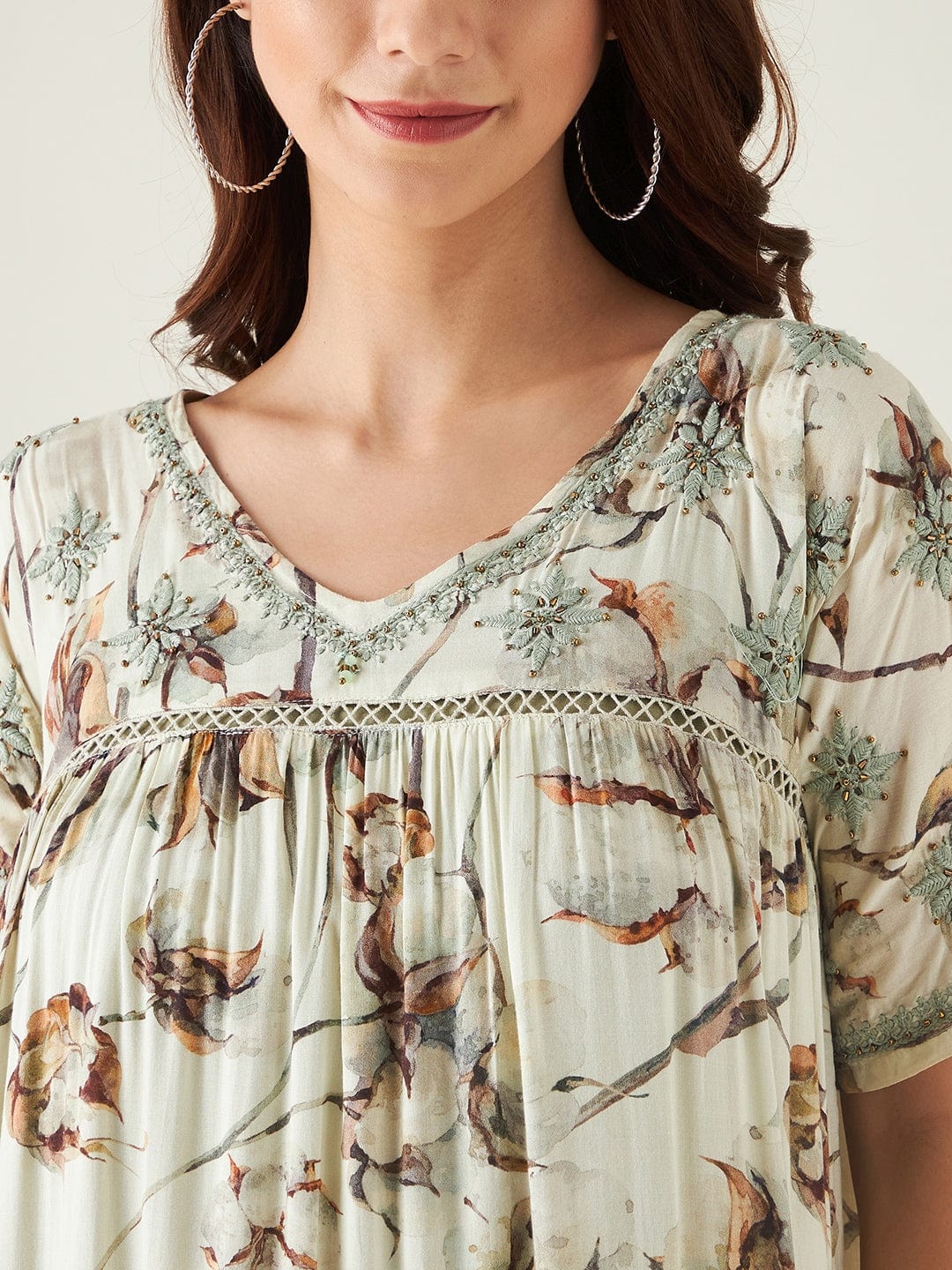 Beige and Green Floral Print Hand Embroidered Dress - Image 6