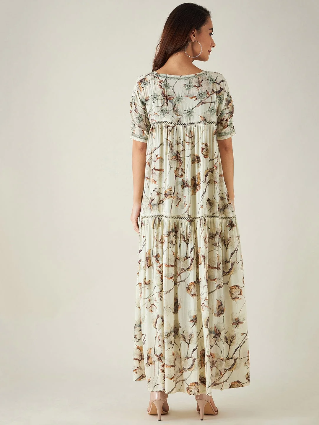 Beige and Green Floral Print Hand Embroidered Dress - Image 7