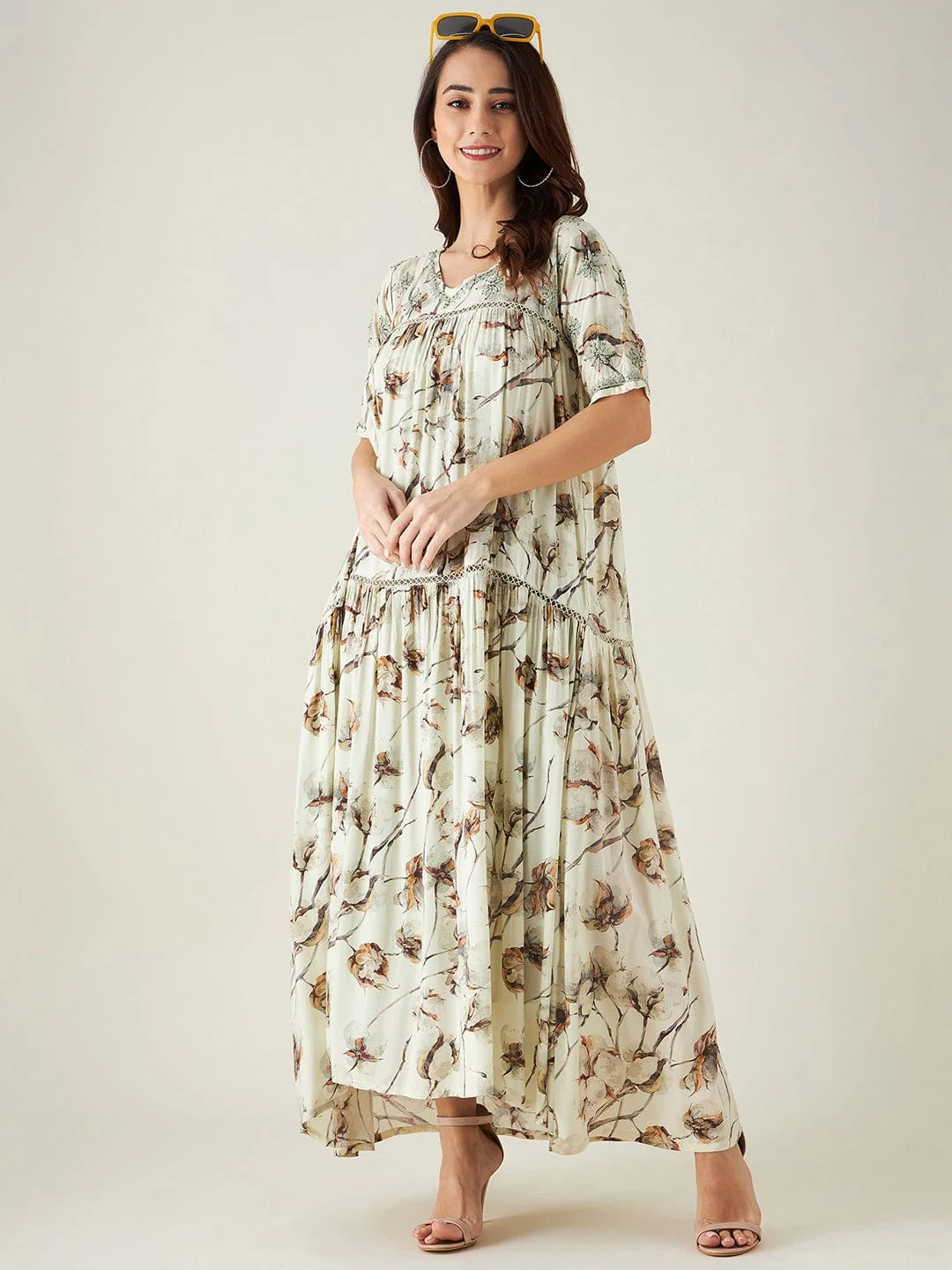 Beige and Green Floral Print Hand Embroidered Dress - Image 8