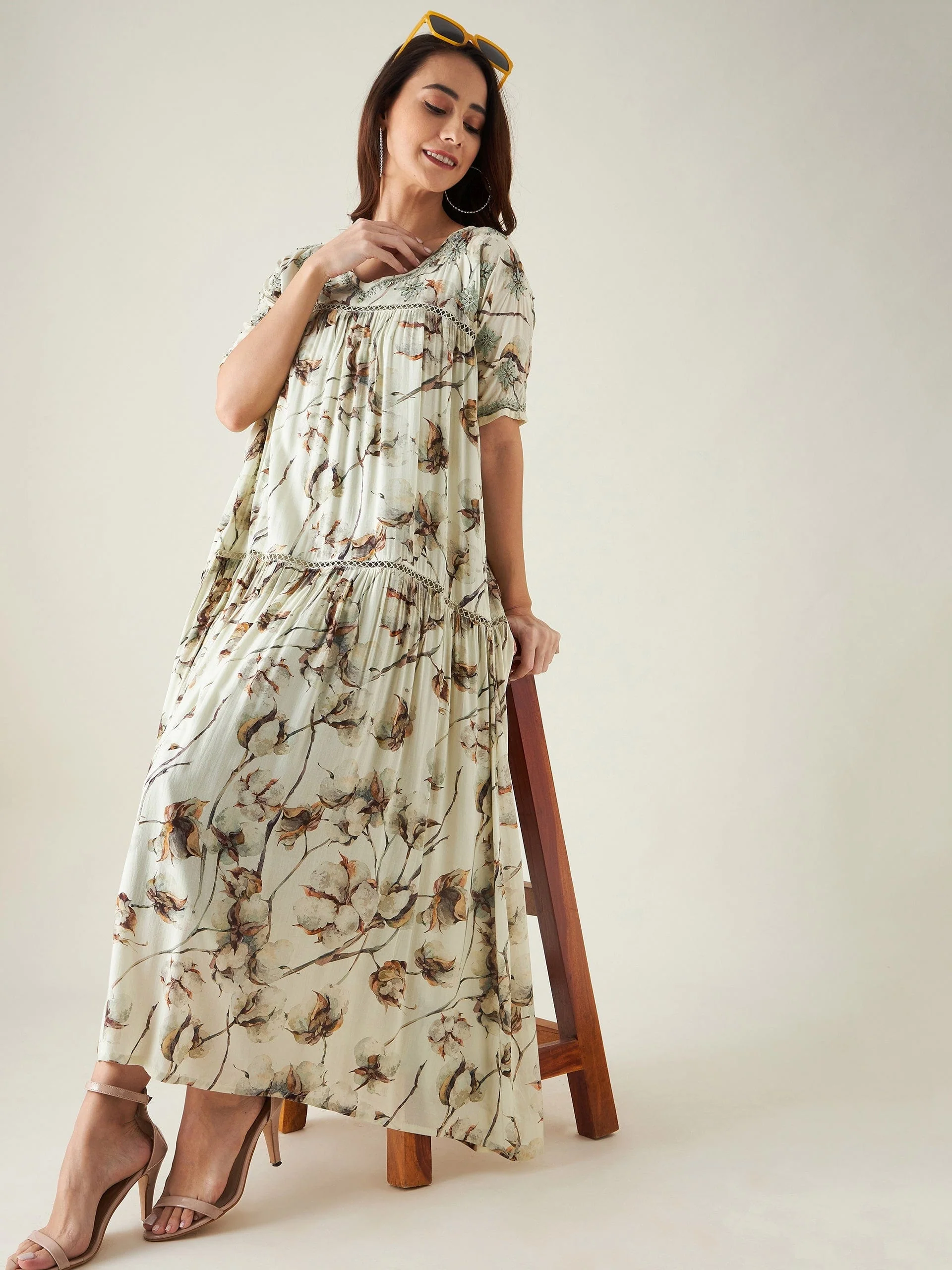 Beige and Green Floral Print Hand Embroidered Dress - Image 9