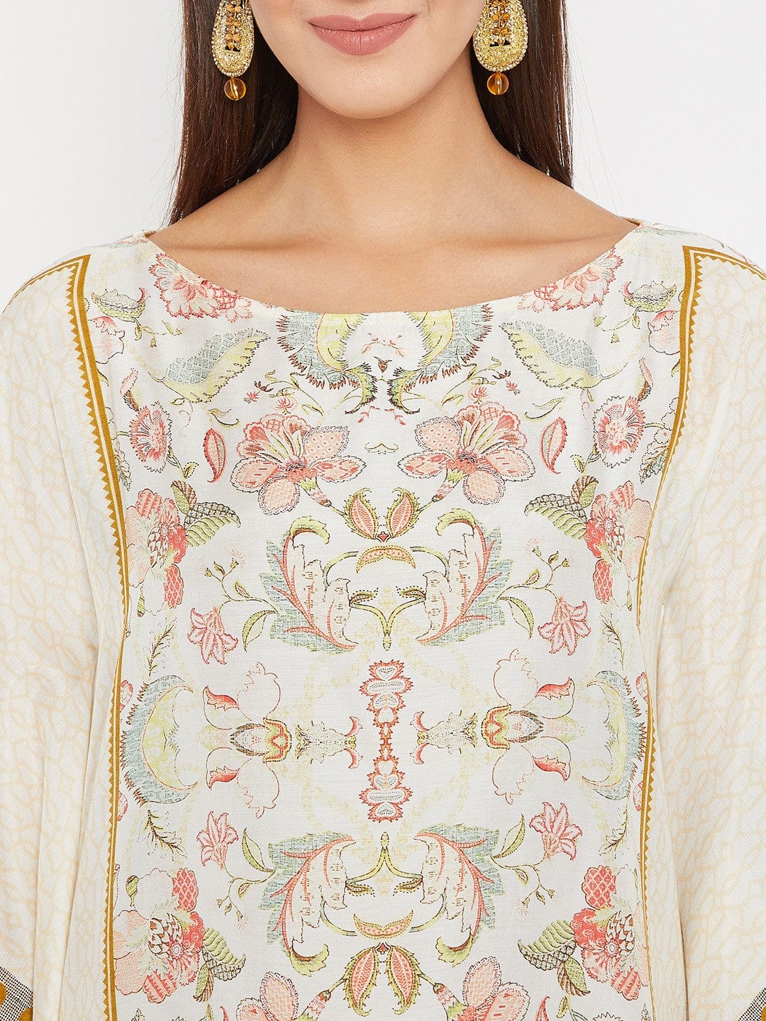 White And Mustard Yellow Effortless Floral  Kaftan Top - Image 3