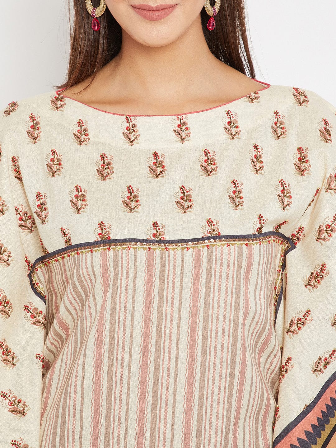 Embroidered Buta with Stripes Linen Kaftan Dress - Image 2