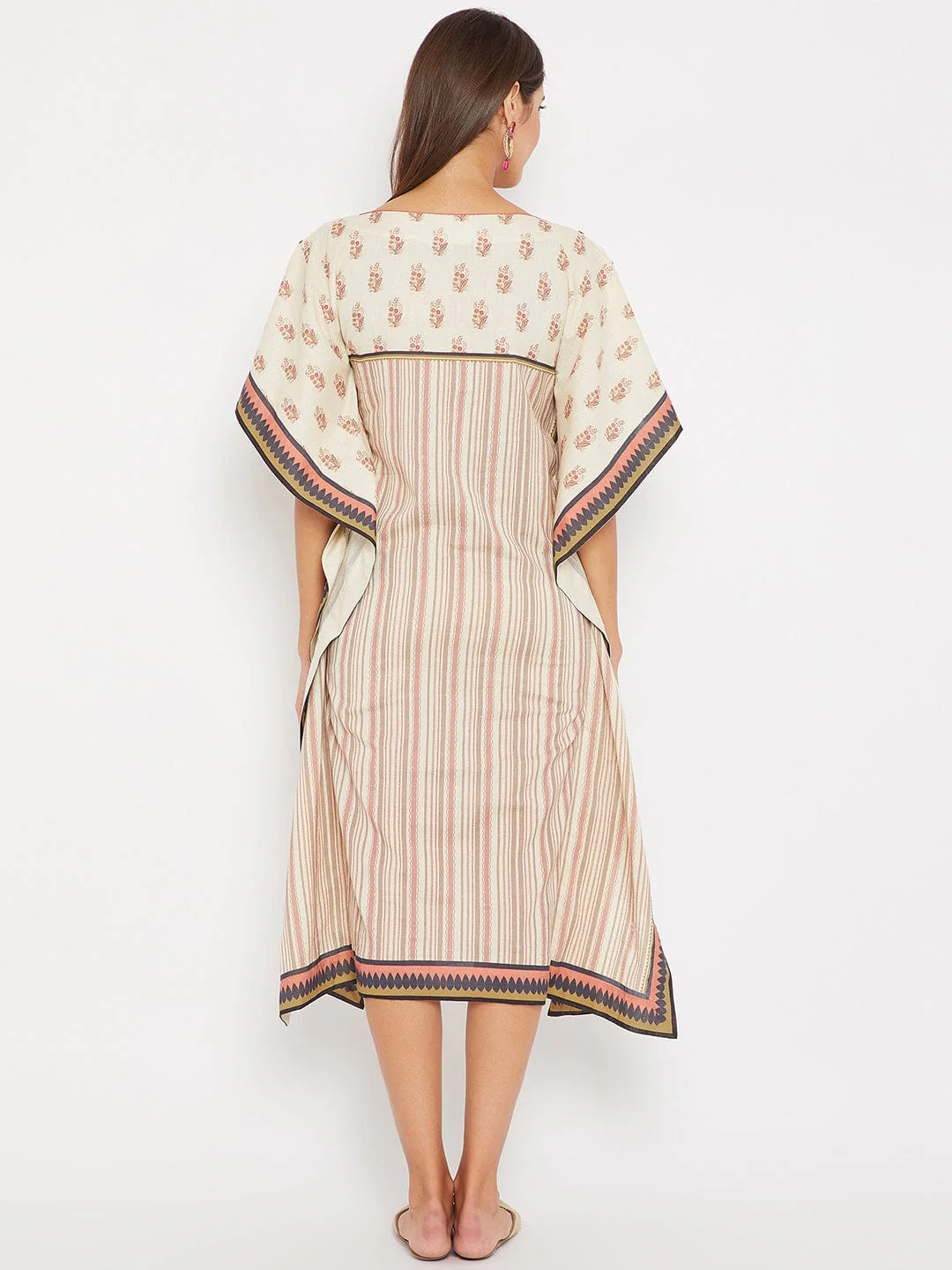 Embroidered Buta with Stripes Linen Kaftan Dress - Image 4