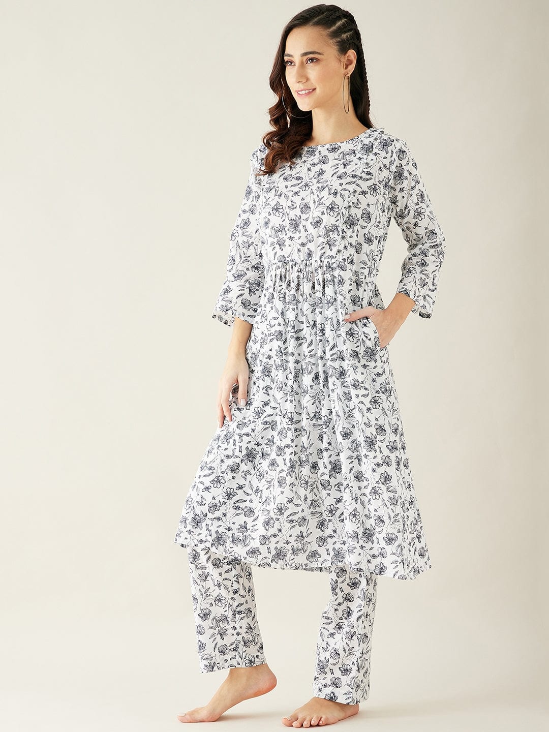 White Floral Soft Cotton Pyjama Set with Long Top for Women - Image 3