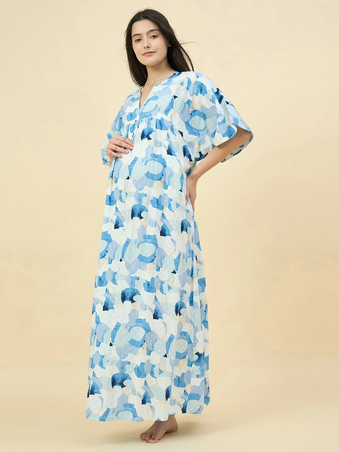 Cotton Blue Printed Maternity Nightdress with Hidden Feeding Zips - Image 4