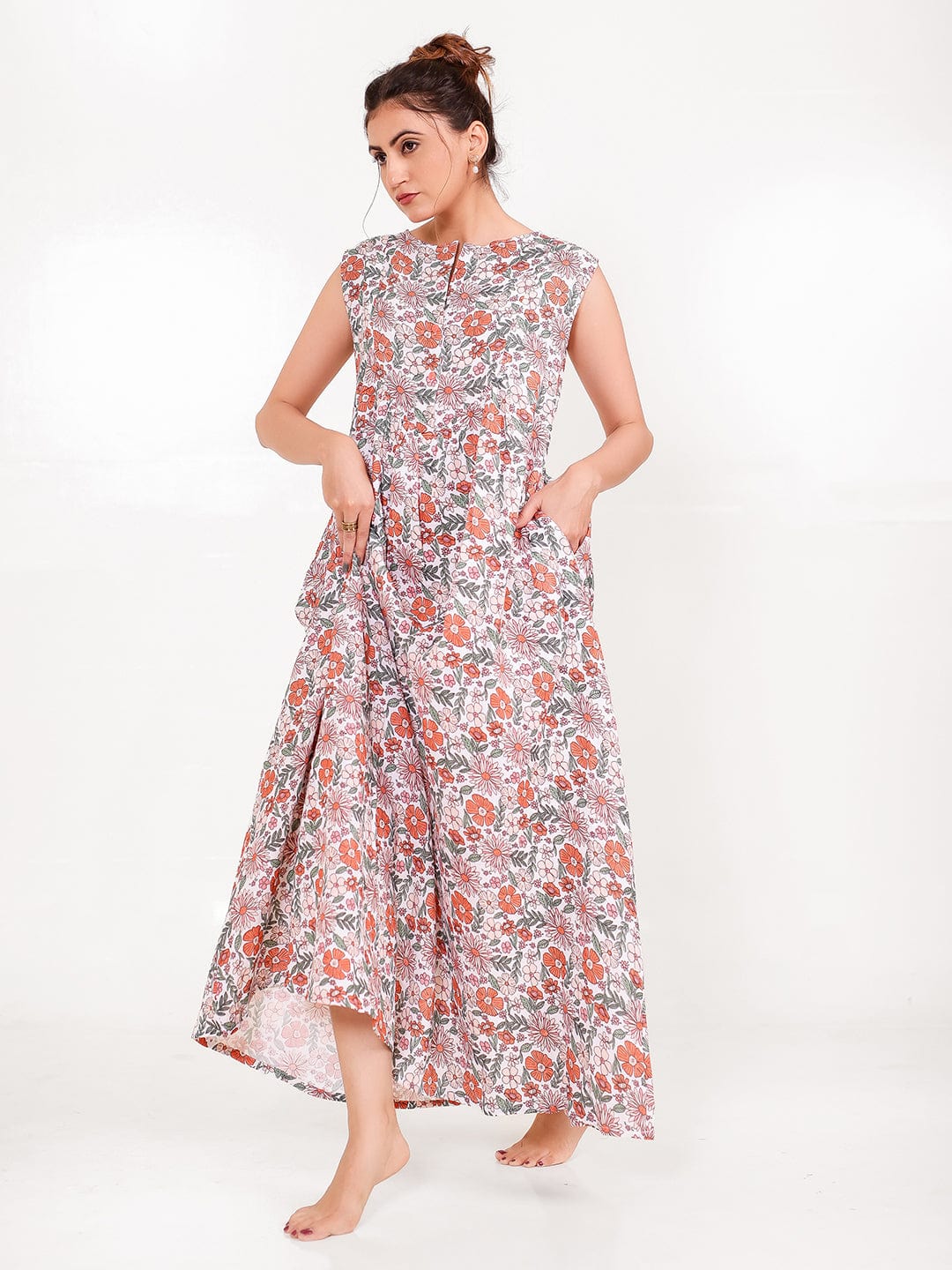 Cotton Sleeveless Floral Nightdress with Pockets - Image 2