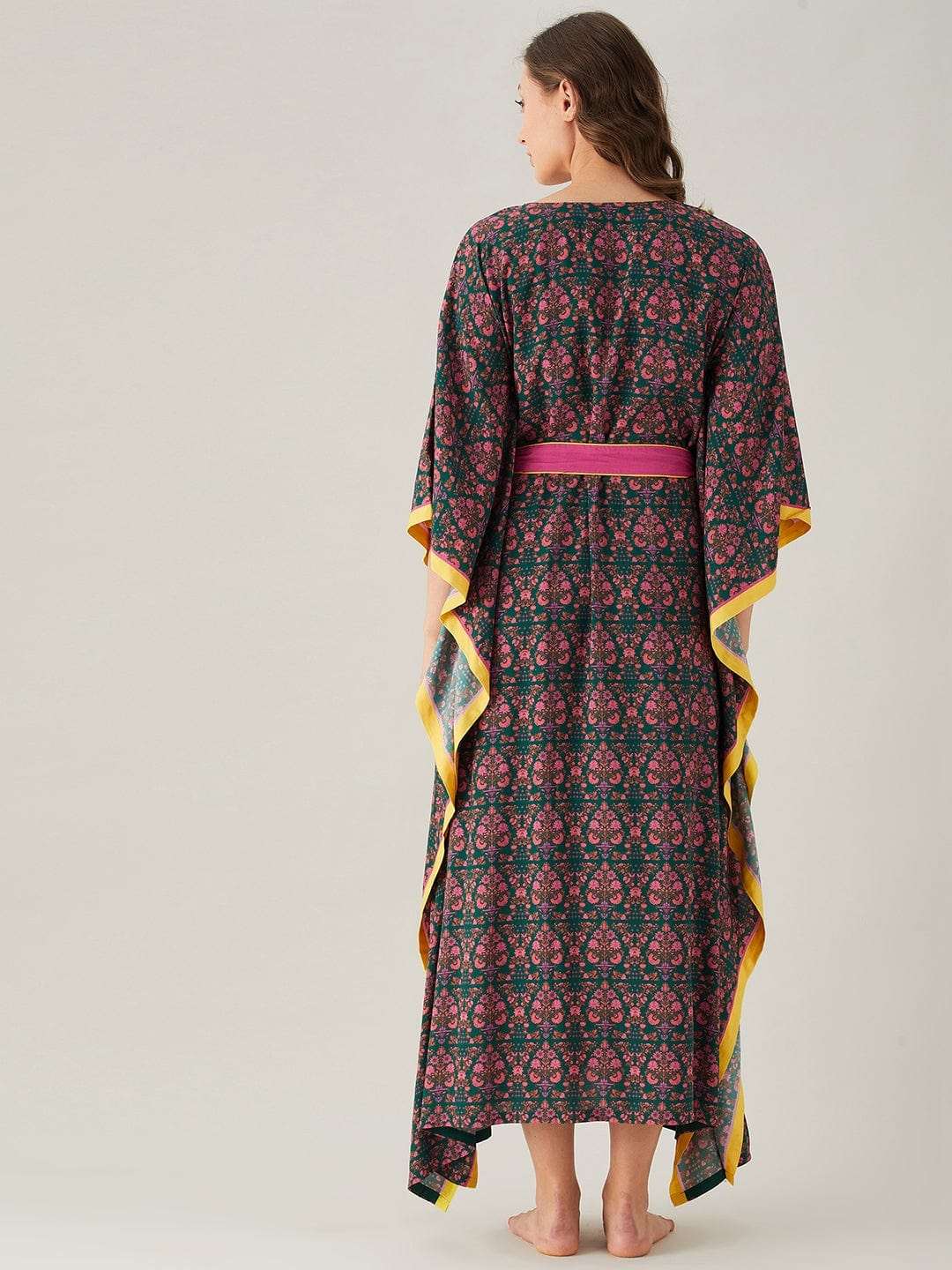 Dark Green And Pink Floral Loungewear Kaftan - Image 6