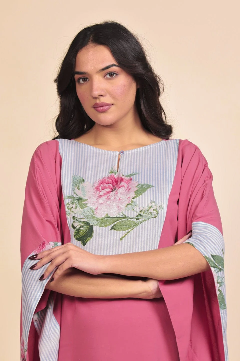Dark Pink Modal Kaftan Nightdress with Striped Floral Yoke and Trim - Image 4