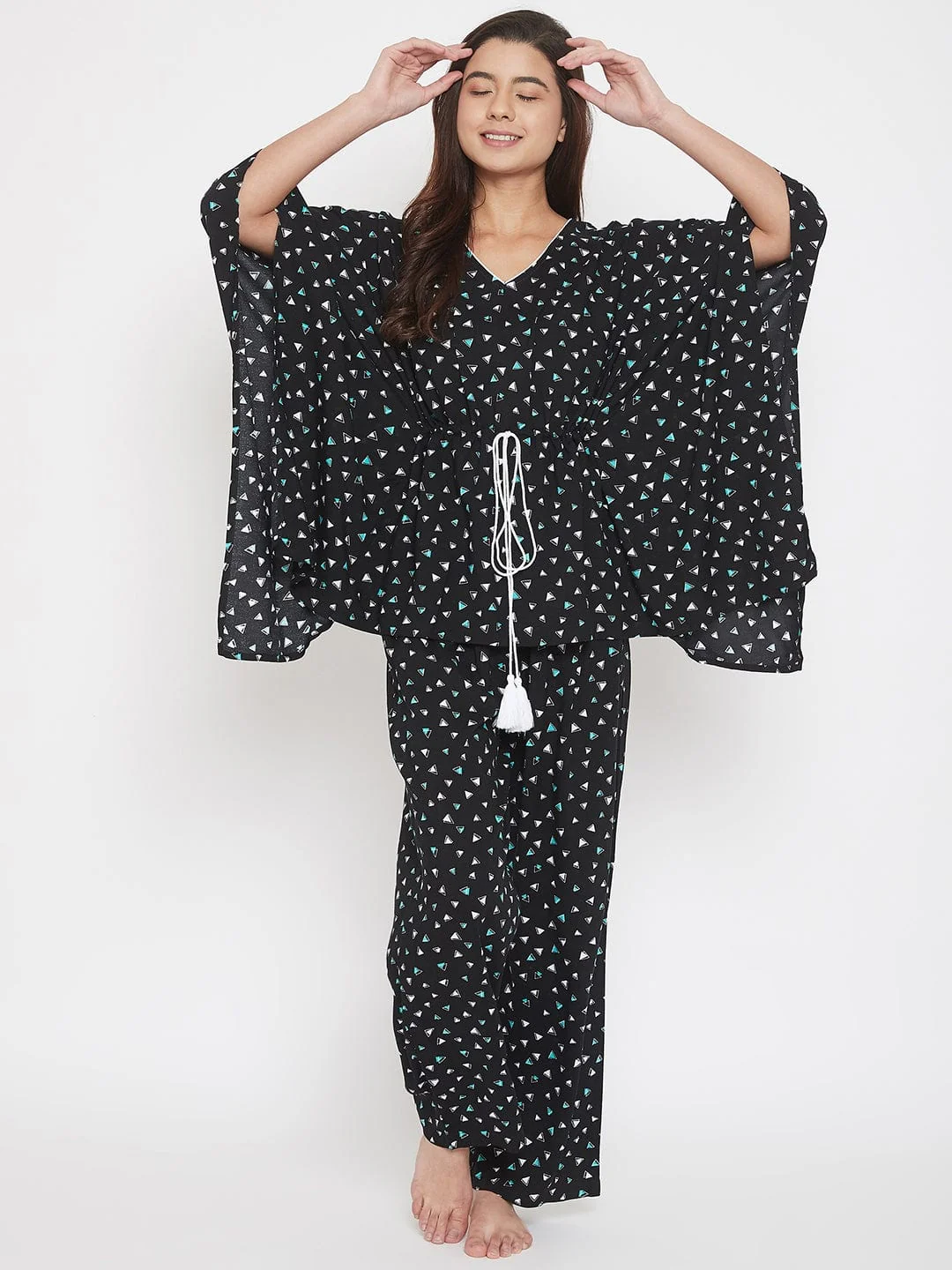 Geometric Print Black Kaftan Top