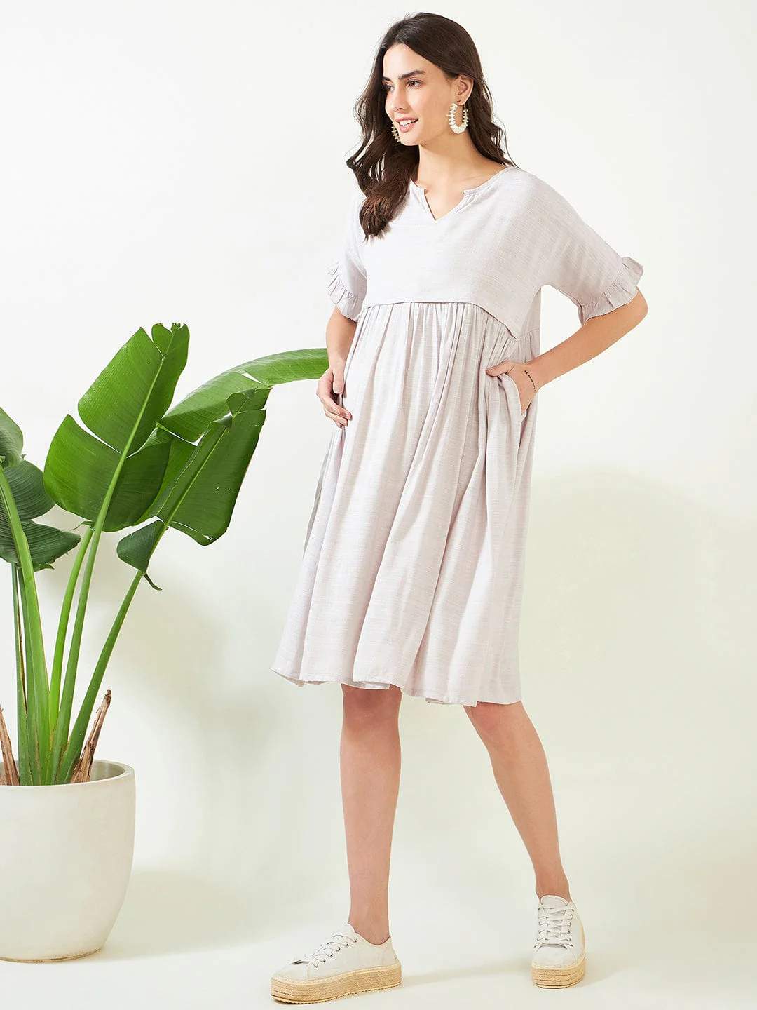 Earthy Grey Soft Cotton Maternity and Feeding Dress - Image 3
