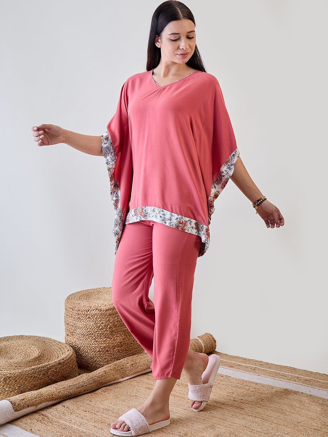 Floral Bordered Pink Soft Modal Lounge Set - Image 2