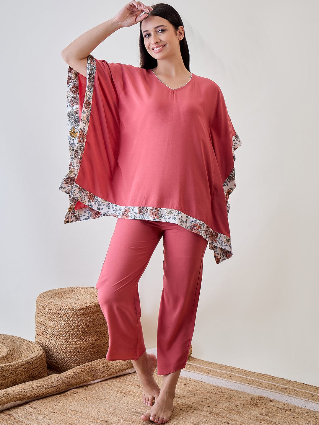 Floral Bordered Pink Soft Modal Lounge Set - Image 3
