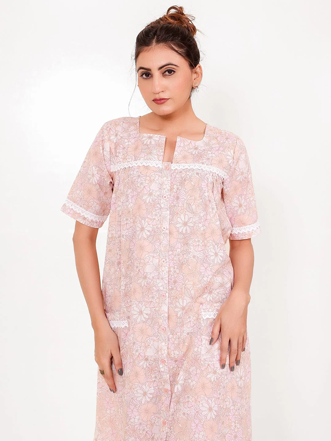 Floral Peach Cotton Nightdress with Button Front - Image 4