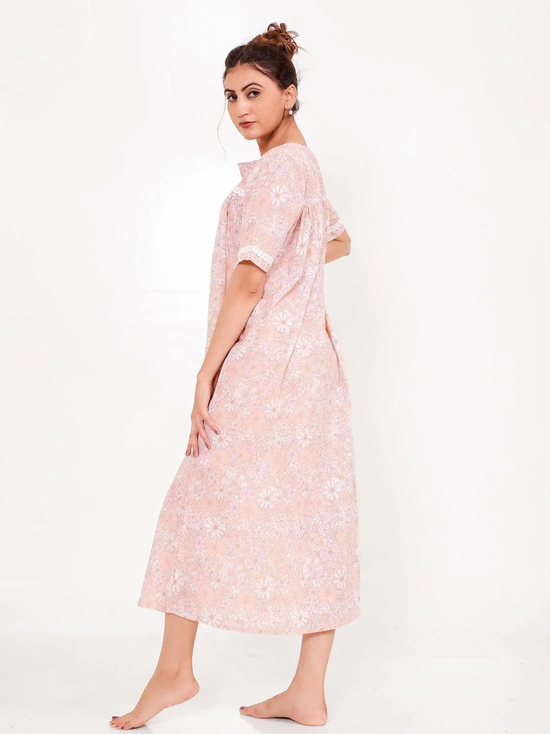 Floral Peach Cotton Nightdress with Button Front - Image 6
