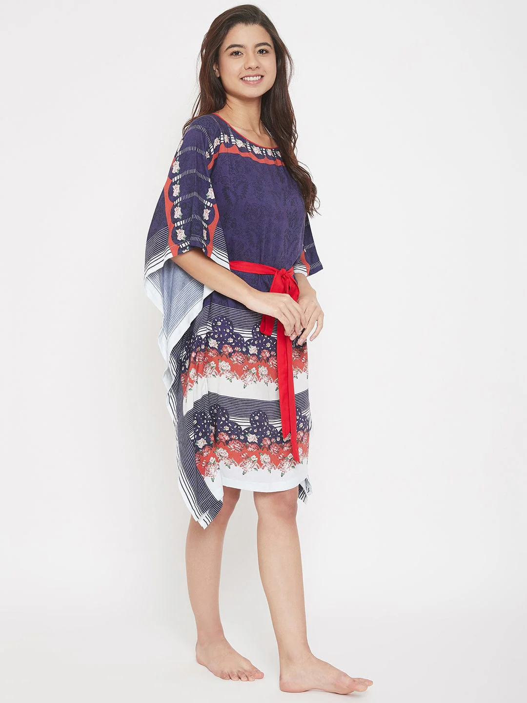 Floral Printed Navy Blue Knee Length Kaftan with Belt (Final Sale) - Image 4