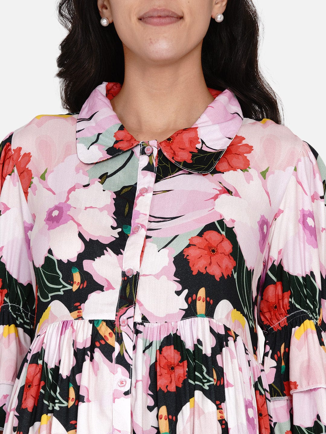 Forest Floral Shirt Collar Maternity and Nursing Dress - Image 3