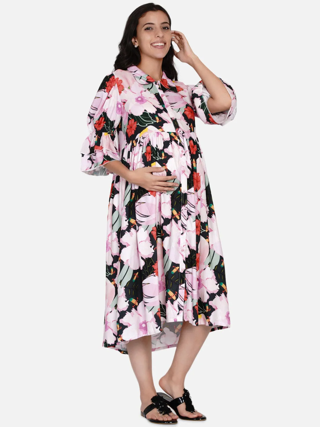 Forest Floral Shirt Collar Maternity and Nursing Dress - Image 4