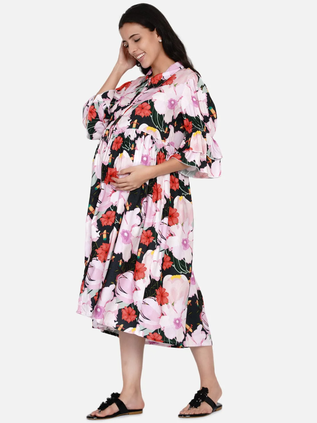 Forest Floral Shirt Collar Maternity and Nursing Dress - Image 5
