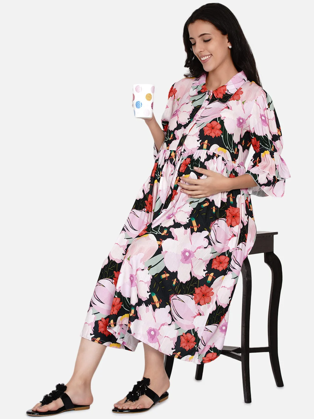 Forest Floral Shirt Collar Maternity and Nursing Dress - Image 6