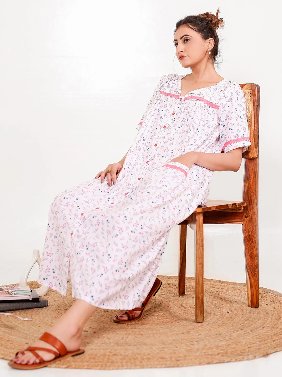 Front-Open Pastel Floral Cotton Nightdress - Image 6