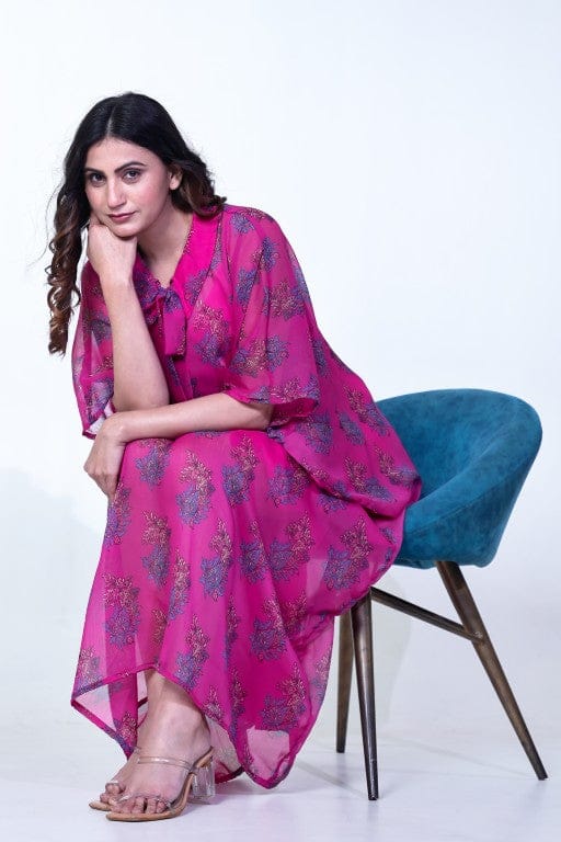 Fuchsia Printed Chiffon Loungewear Kaftan with Crepe Slip - Image 2