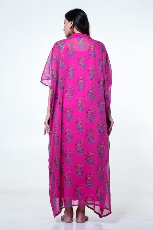 Fuchsia Printed Chiffon Loungewear Kaftan with Crepe Slip - Image 5