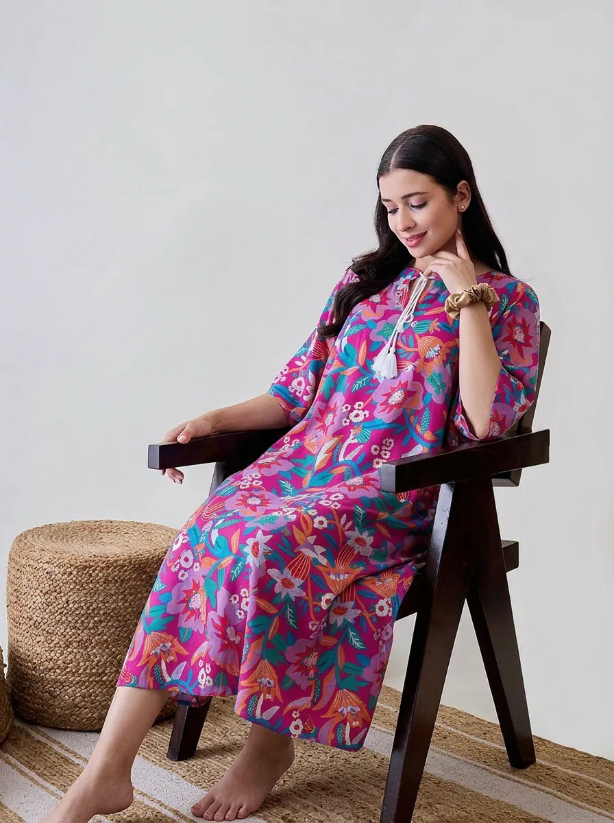 Fuschia Bold Floral Print Viscose Nightdress - Image 4