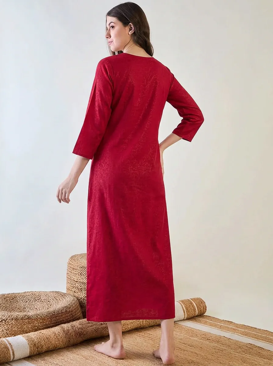 Fuschia Floral Embroidered Yoke Modal Jacquard Nightdress - Image 5