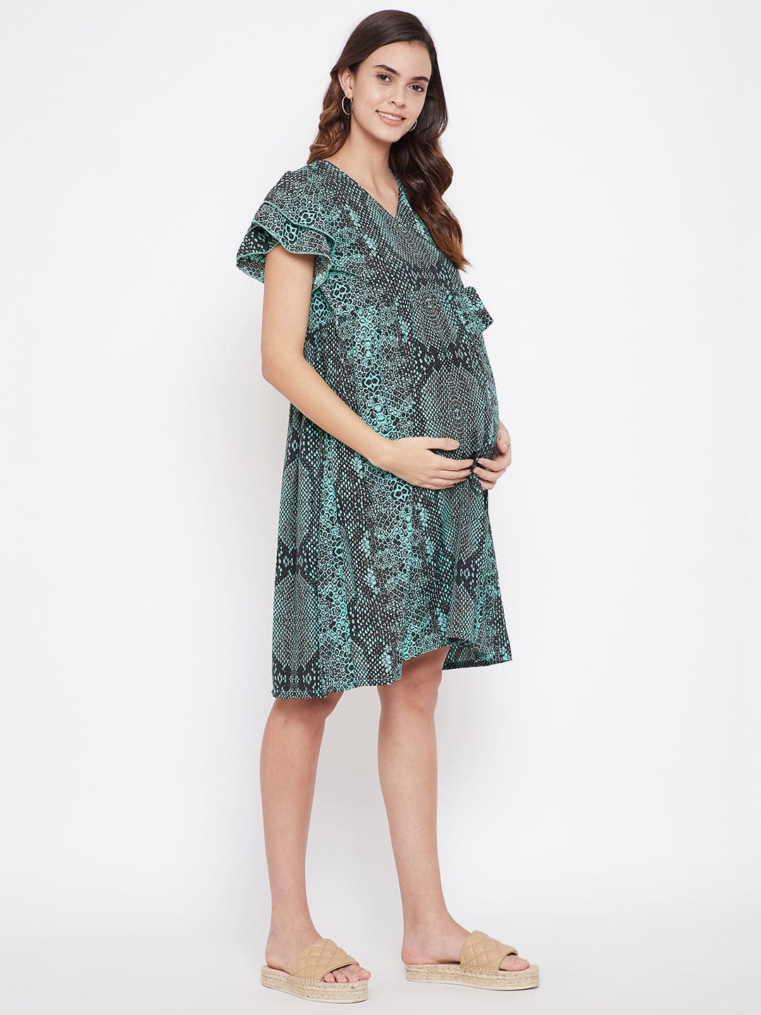 Green Animal Print Maternity Wrap Dress - Image 4