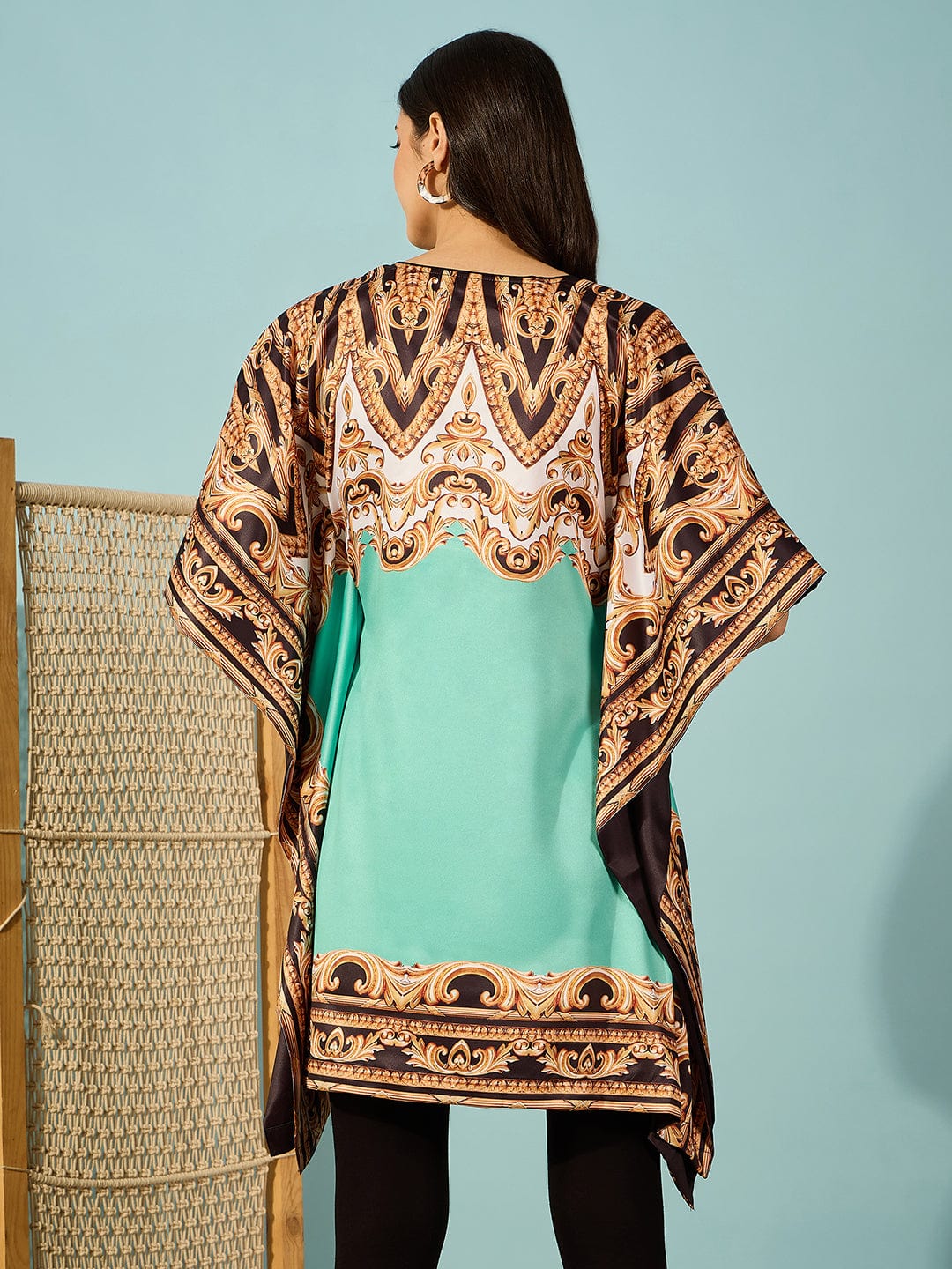Green Baroque Printed Satin Kaftan Dress - Image 5
