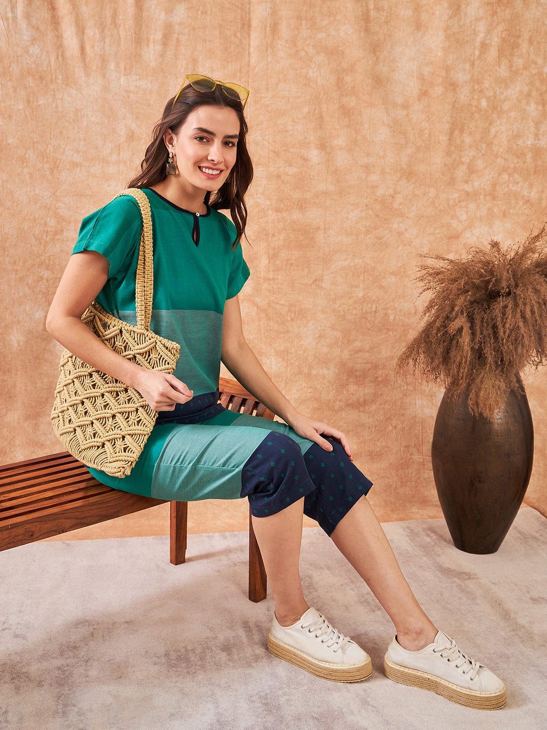 Cotton Handloom Capri Colorblock Night Suit for Women - Image 7