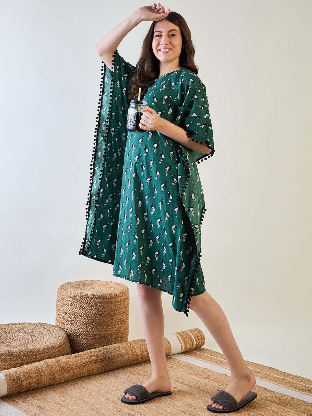 Green Cotton Kaftan with Bird Print and Pom Pom Trim - Image 4