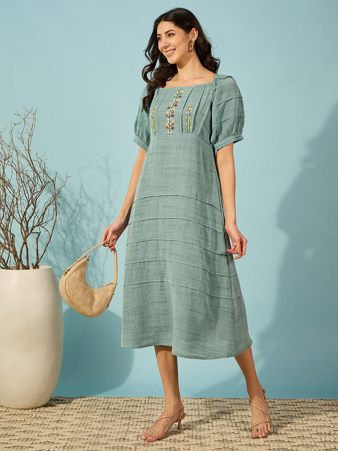 Green Floral Embroidered Viscose Linen Midi Dress - Image 3