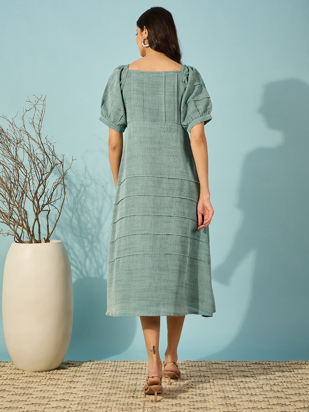 Green Floral Embroidered Viscose Linen Midi Dress - Image 6
