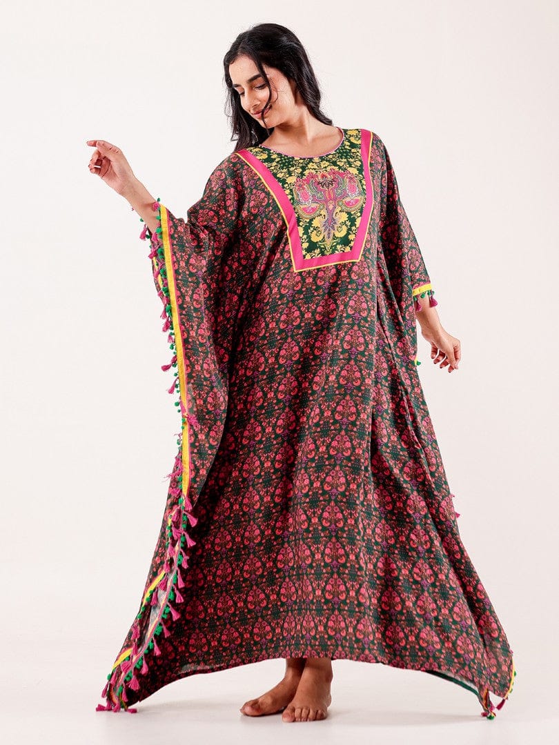 Green & Pink Ornate Printed Modal Kaftan - Image 3